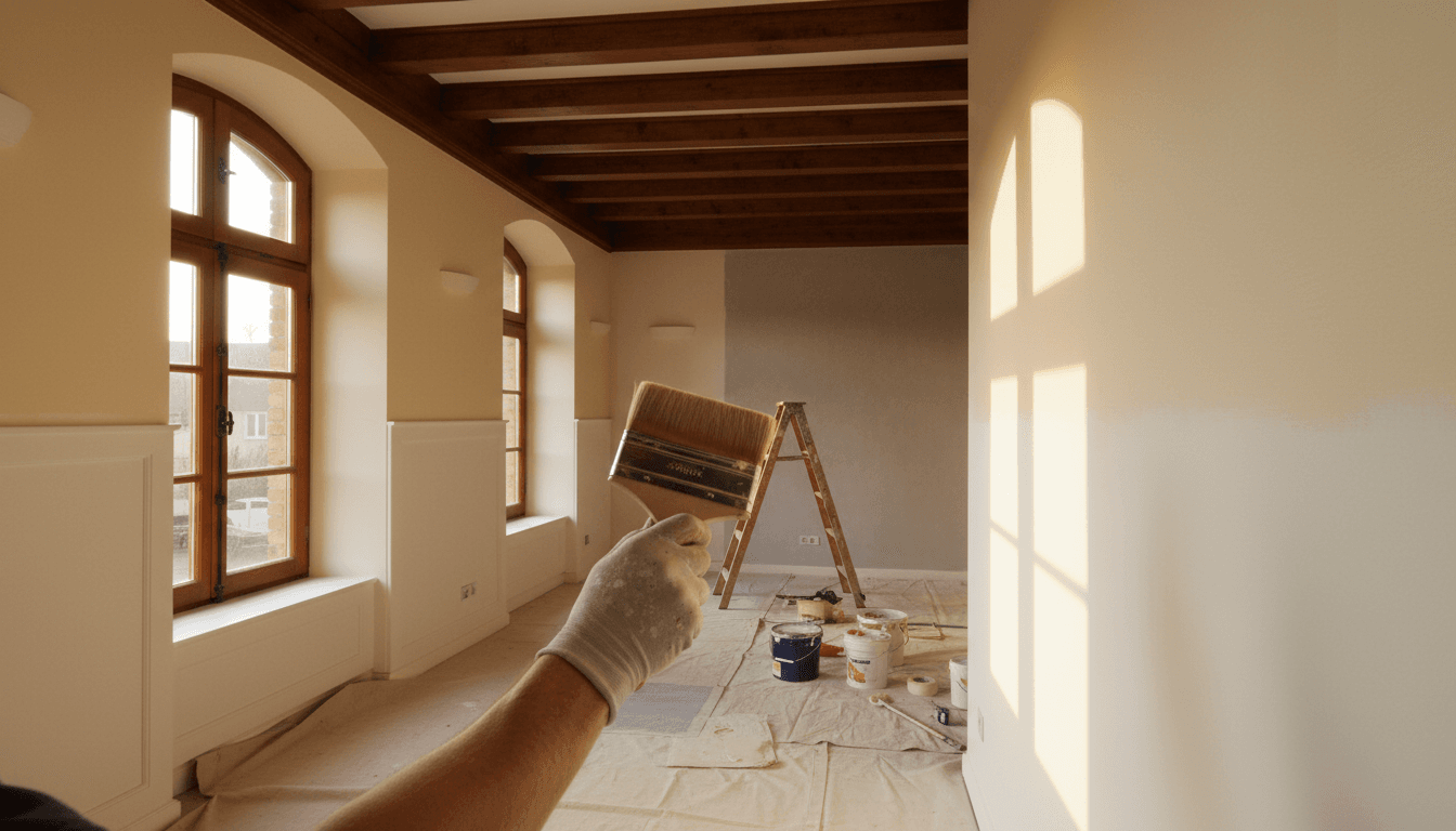 Peintre professionnel appliquant une peinture de qualité sur un mur intérieur à Bruges